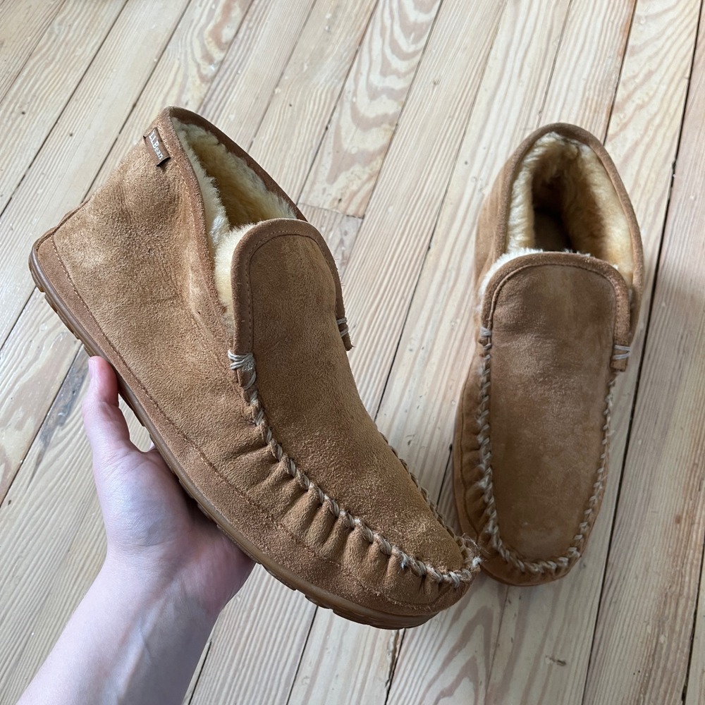 LL Bean Wicked Good Suede Slippers Mens 12 Brown Shearling Moccasin Bootie